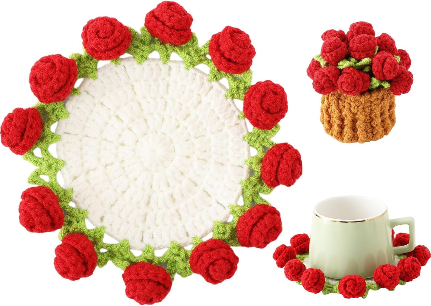 Flower Crochet Coasters, Handmade Bouquet Blanket Coaster with Crochet Plant Pot Fun Soft Decorative Drink Coasters for Coffee Tabletop Protection and Home Decor (Pink, 1Pc)