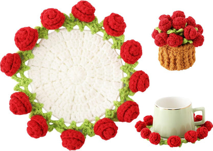 Flower Crochet Coasters, Handmade Bouquet Blanket Coaster with Crochet Plant Pot Fun Soft Decorative Drink Coasters for Coffee Tabletop Protection and Home Decor (Pink, 1Pc)