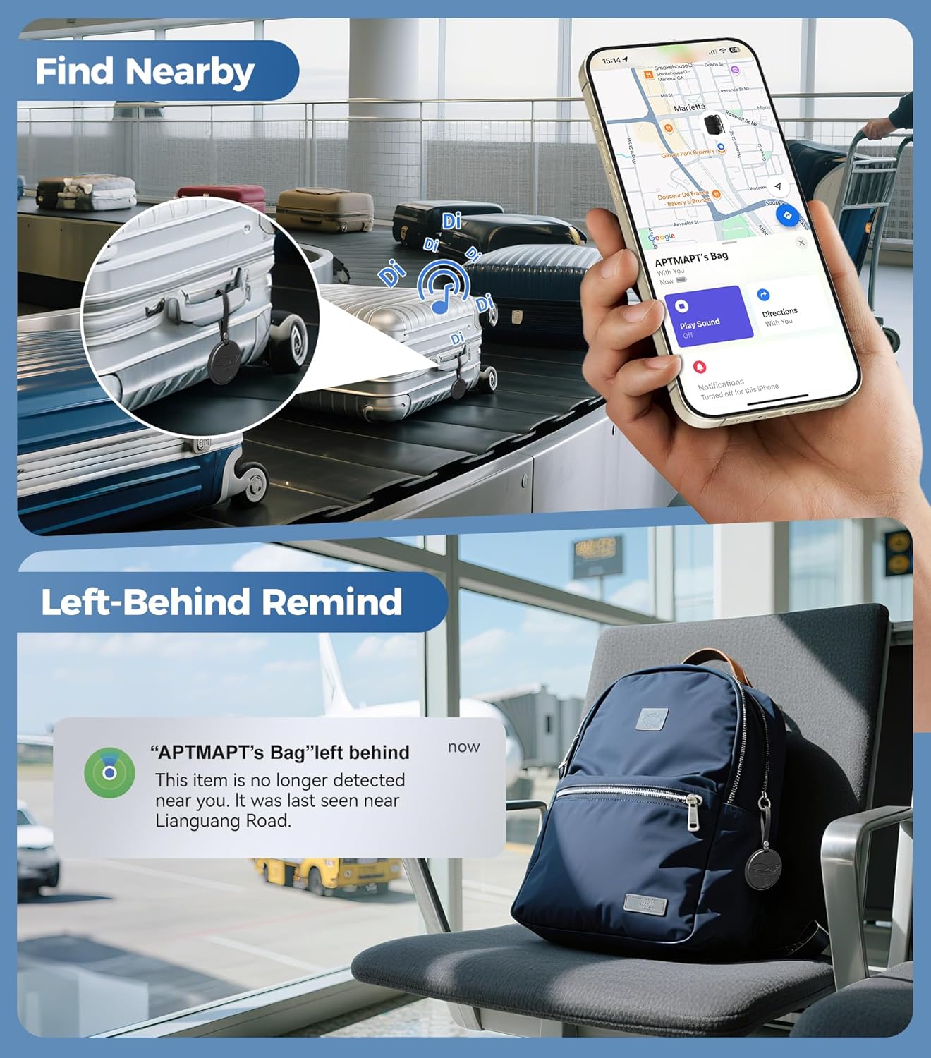 Smart Luggage Tag Works with Apple Find My, Premium Leather Suitcase Tracker with 2 ID Labels, TSA-Friendly, Anti-Lost Travel Essentials for Bags Backpacks, Wireless Charging, Black