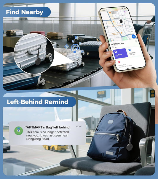 Smart Luggage Tag Works with Apple Find My, Premium Leather Suitcase Tracker with 2 ID Labels, TSA-Friendly, Anti-Lost Travel Essentials for Bags Backpacks, Wireless Charging, Black