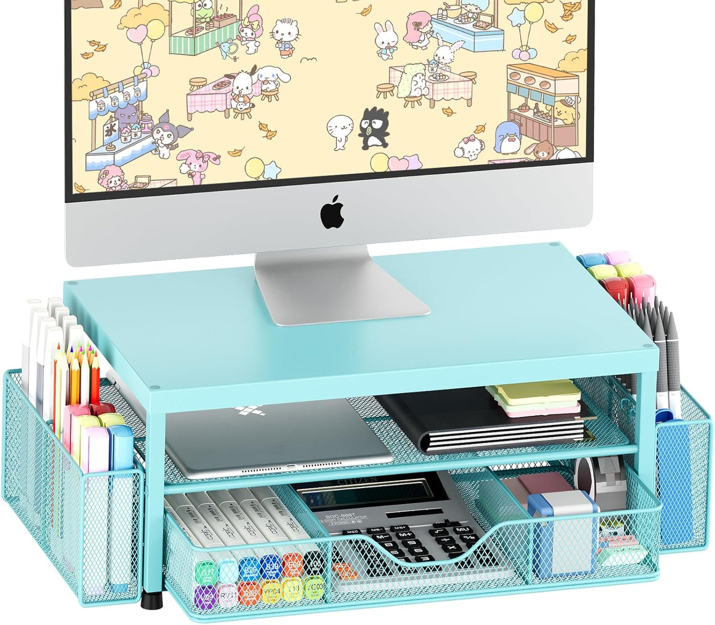 OPNICE Wood Desk Organizers and Accessories, 2-Tier Computer Monitor Stand Riser with Drawer and 2 Pen Holders, Laptop Stand, Office Desk Accessories for Office Supplies, Brown