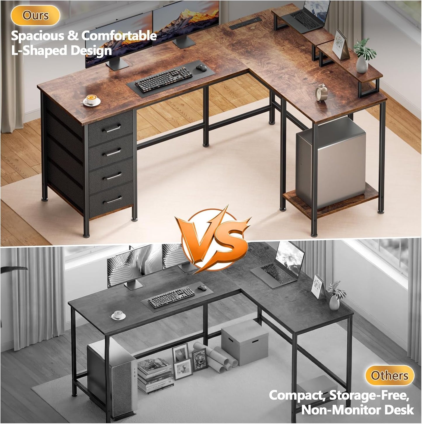 Korfile 59 inch L Shaped Computer Desk with Power Outlets, Home Office Desk with 4 Adjustable Storage Drawers & 2 Monitor Stands, Two Person Gaming Table for Bedroom, Black