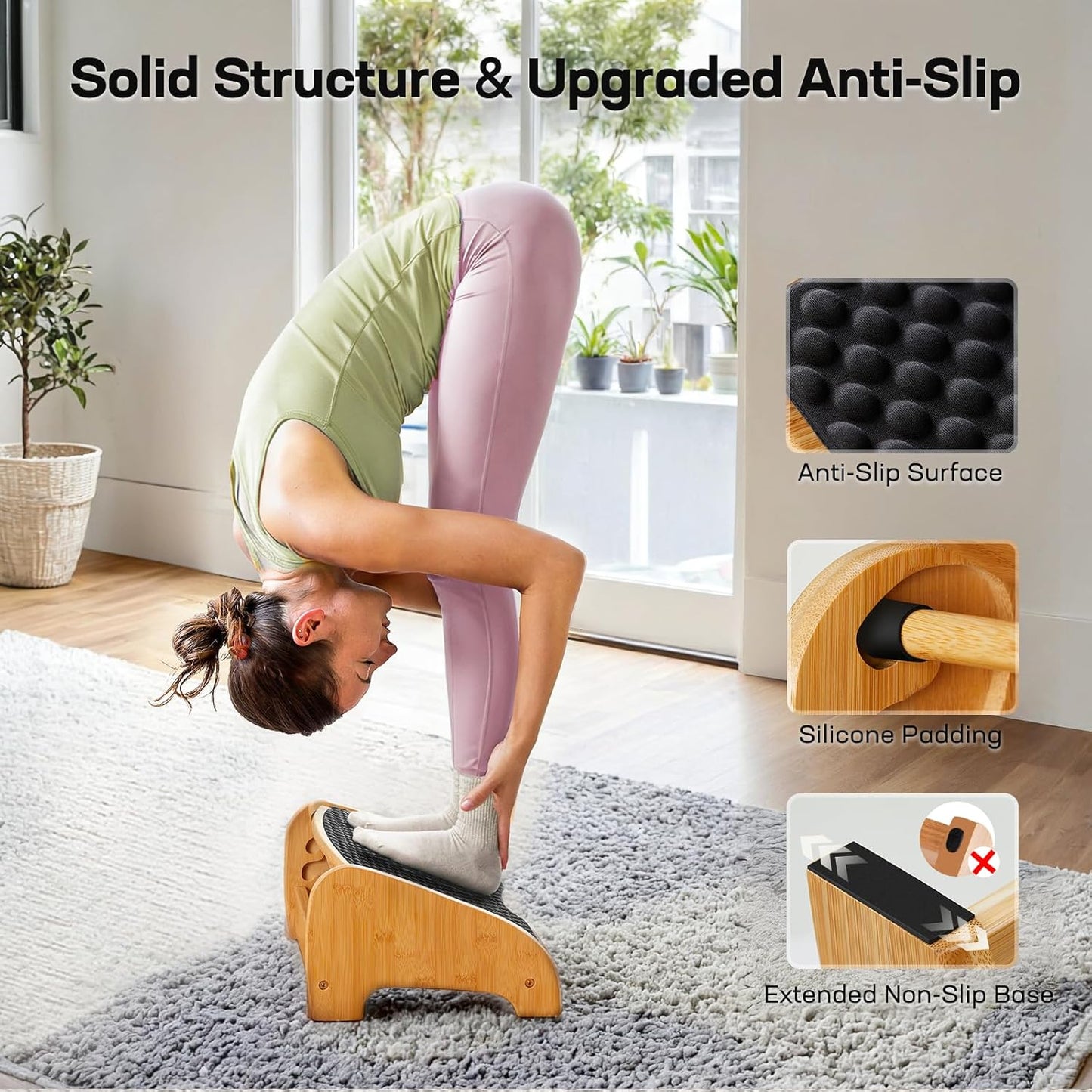 HUANUO Bamboo Under Desk Footrest, Ergonomic Foot Rest with 4 Height Options & Adjustable Angles, Pebble Massage Surface, Non-Slip Foot Rest for Under Desk at Work for Improved Posture, Home & Office