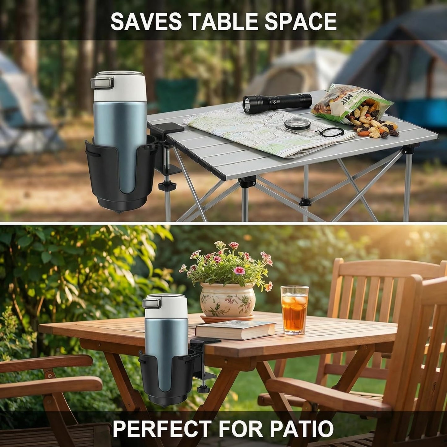 Desk Cup Holder with Large Metal Clamp, Fits Maximum Diameter of 3.38 inches Bottles, Anti-Spill Cup Holder Suitable for Tables, Porch Swings, and Patio Chairs. (Large)