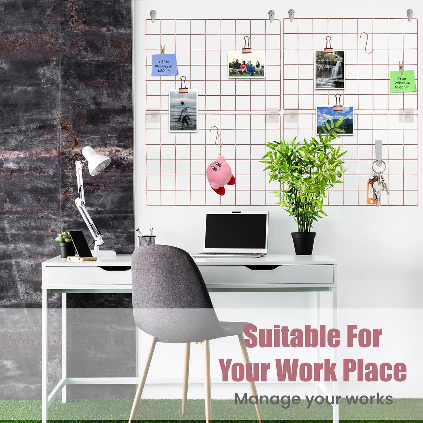 CIKLCIX Metal Grid Wall Panel, Wire Grid Photo Display Organizer, 17.3"×11.8" Gold Wire Board Grid Wall, Grid Picture Frame, 2-Pack Wire Mesh Memo Board With Clips and Hooks