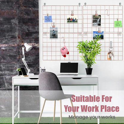 CIKLCIX Metal Grid Wall Panel, Wire Grid Photo Display Organizer, 17.3"×11.8" Gold Wire Board Grid Wall, Grid Picture Frame, 2-Pack Wire Mesh Memo Board With Clips and Hooks
