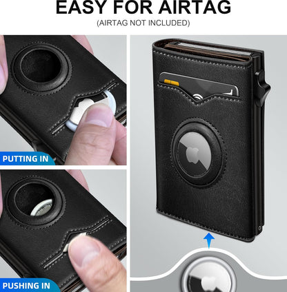 miyozi Airtag Wallet for Men,with Cash Pocket 2 ID Window 9-12 Cards,Metal Case Smart Slim Pop Up Credit Card Holder Flip with Magnetic Closure RFID Blocking Trifold wallet with Gift Box