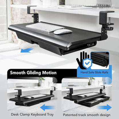EHO Large Ergonomic C-Clamp Keyboard Tray Mount Under Desk with Wrist Rest, Slide-Out Platform 27.5" (31.8" Including Clamps) x 12.5", Pull Out Keyboard & Mouse Tray for Home or Office, Black