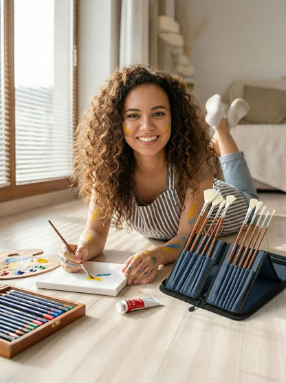 DUGATO Short Paint Brush Holder & Organizer 5.4x10.7 Inches, Blue Canvas Bag for Brushes up to 9.3" Length, Case with 15 Slots, Artist Brush Carrying Case (Brush Not Included)