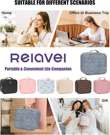 Relavel Travel Makeup Bag With LED Mirror, Cosmetic Train Case with Light up Mirror, Portable Makeup Artist Organizer Bag with Adjustable Dividers, Makeup Brush Holder Storage, Black