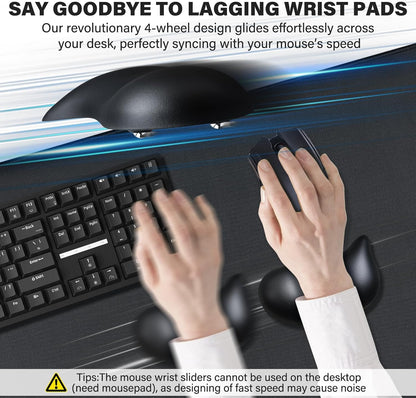 JIKIOU Ergonomic Gliding Palm Rests, Gel Mouse Wrist with Leather Surface, Sliding Wrist Pad with 4 Smooth Scroll Wheel, Fast Mouse Wrist Glider Designed for Office Computer Home Gaming, 2 Pack Black