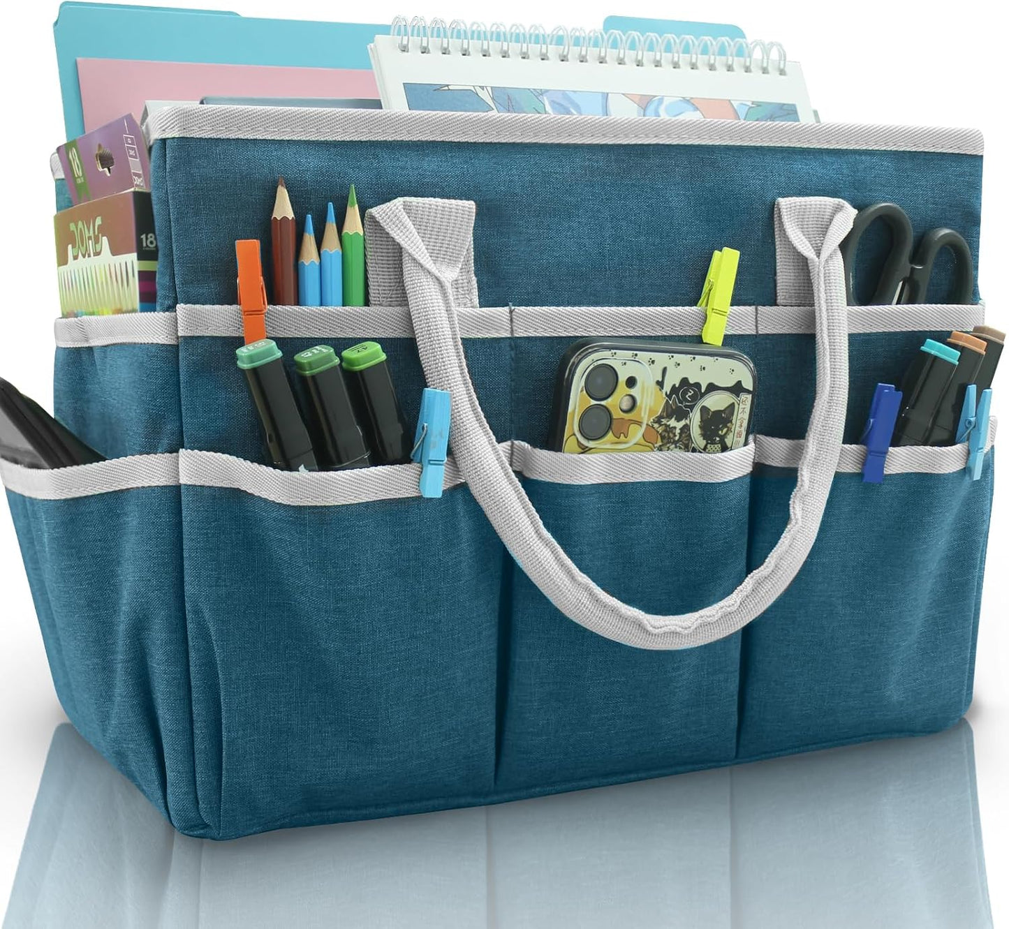 Cupohus Art Organizer Craft Storage Tote Bag with Pockets and Handles, Oxford Fabric Carrying Caddy for Teacher, Officer, Artist, Traveler –Purple