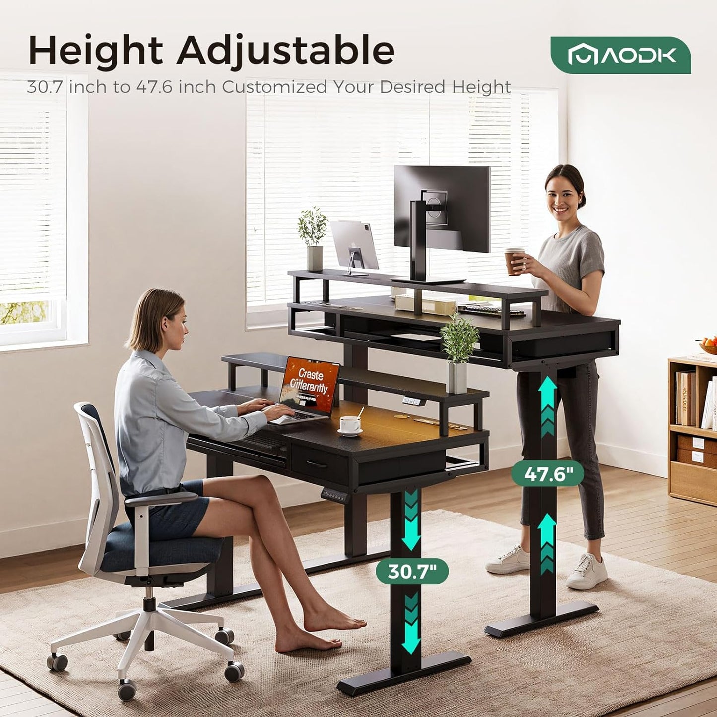 AODK Electric Standing Desk with Drawers & Keyboard Tray, 55 Inch Height Adjustable Gaming Desk with Power Outlets & LED Lights, Sit Stand Table with Monitor Stand for Home, Office, Rustic Brown