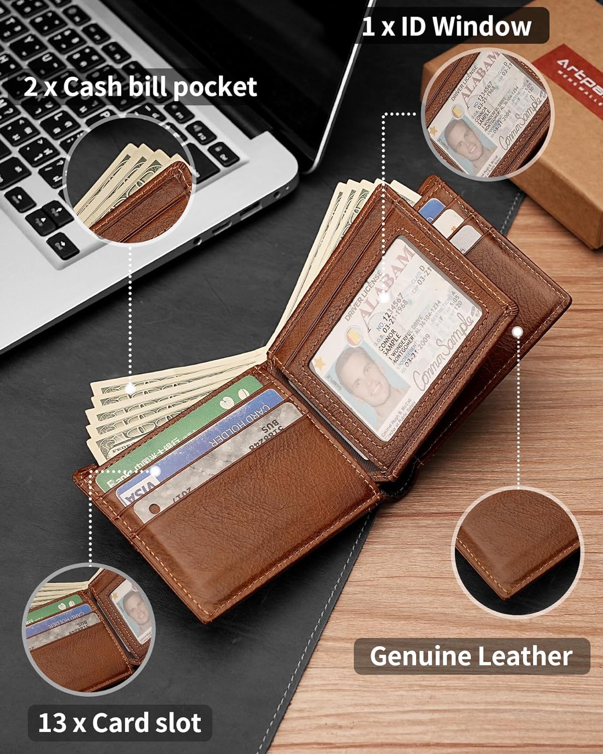 Mens Wallet With AirTag Holder, Bifold Leather RFID Blocking 1-2 ID Windows 12-13 Card Holders, Gift Box and Screen Protector Included, AirTag Not Included