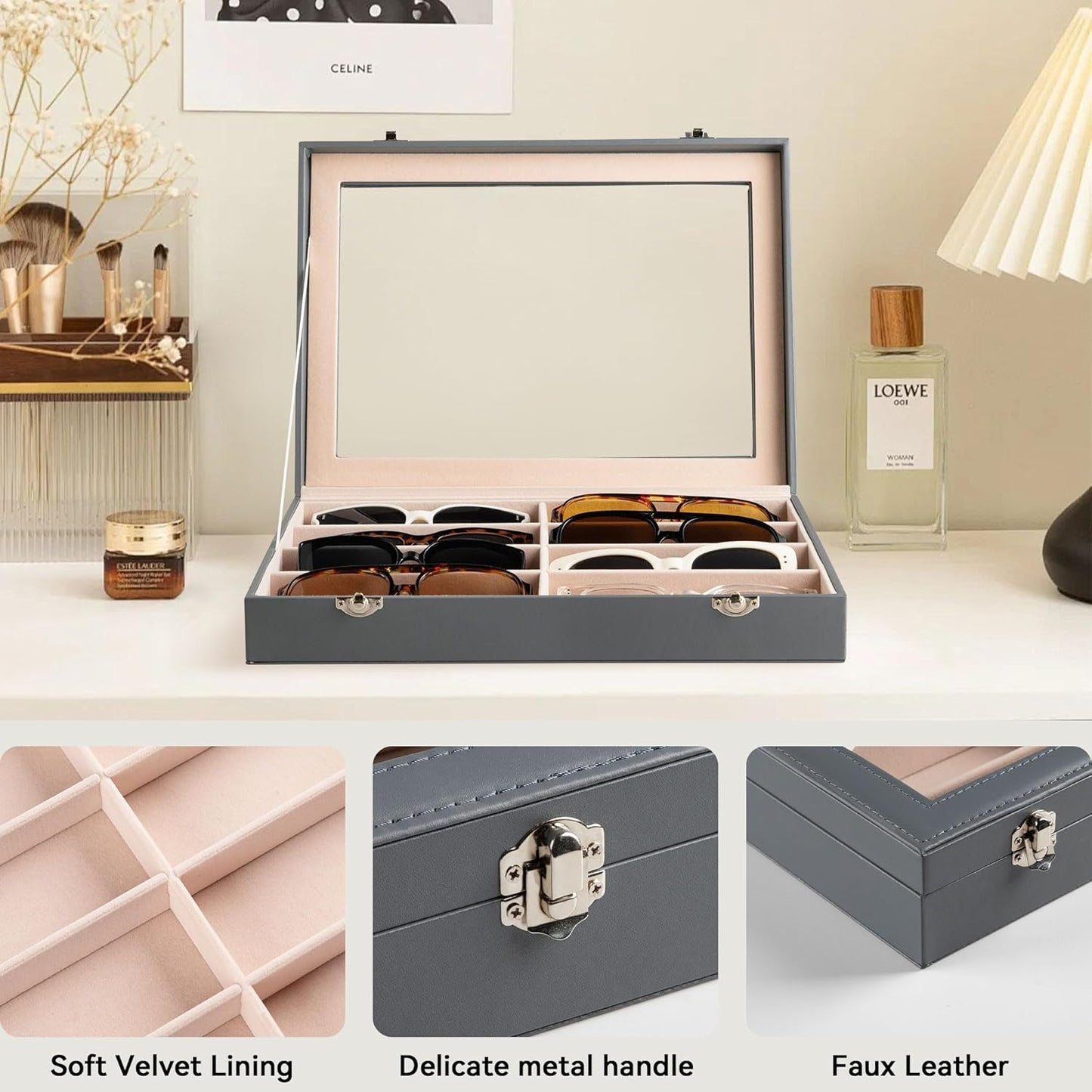 Frebeauty Sunglass Organizer,PU Leather Glasses Organizer,8-Slot Sunglasses Tray,Men's/Women's Sunglasses Box,Sunglass Case,13.3 x 9.6 x 1.5 Inches,Eyeglass/Eyewear Display Tray(Grey)