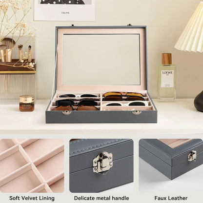Frebeauty Sunglass Organizer,PU Leather Glasses Organizer,8-Slot Sunglasses Tray,Men's/Women's Sunglasses Box,Sunglass Case,13.3 x 9.6 x 1.5 Inches,Eyeglass/Eyewear Display Tray(Grey)