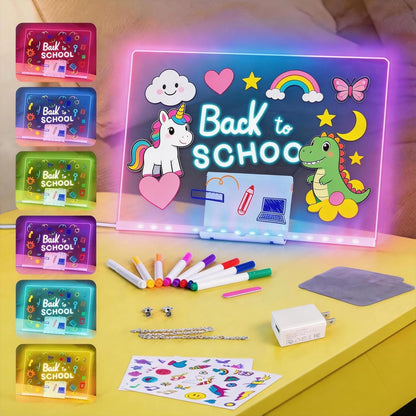 LED Drawing Board, 13.8"X10", Acrylic Note Board with Colors, Include Adapter, Acrylic Dry Erase Pad with Light 4 Modes & 7 Colors, 8 Markers, Stand, Hanging Chain, 2 Gel Clings, Holiday Gift