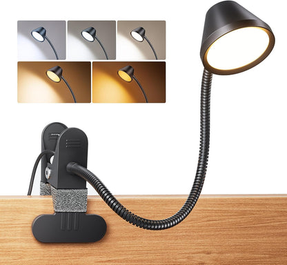 LEPOWER Clip on Light, 7W Reading Lights for Books in Bed with 5 Colors & Stepless Dimming, RG0 Eye-Care, Amber Glow Light & Auto Timer, Strong Clamp with Adapter for Headboard, Bedside, Desk, Black