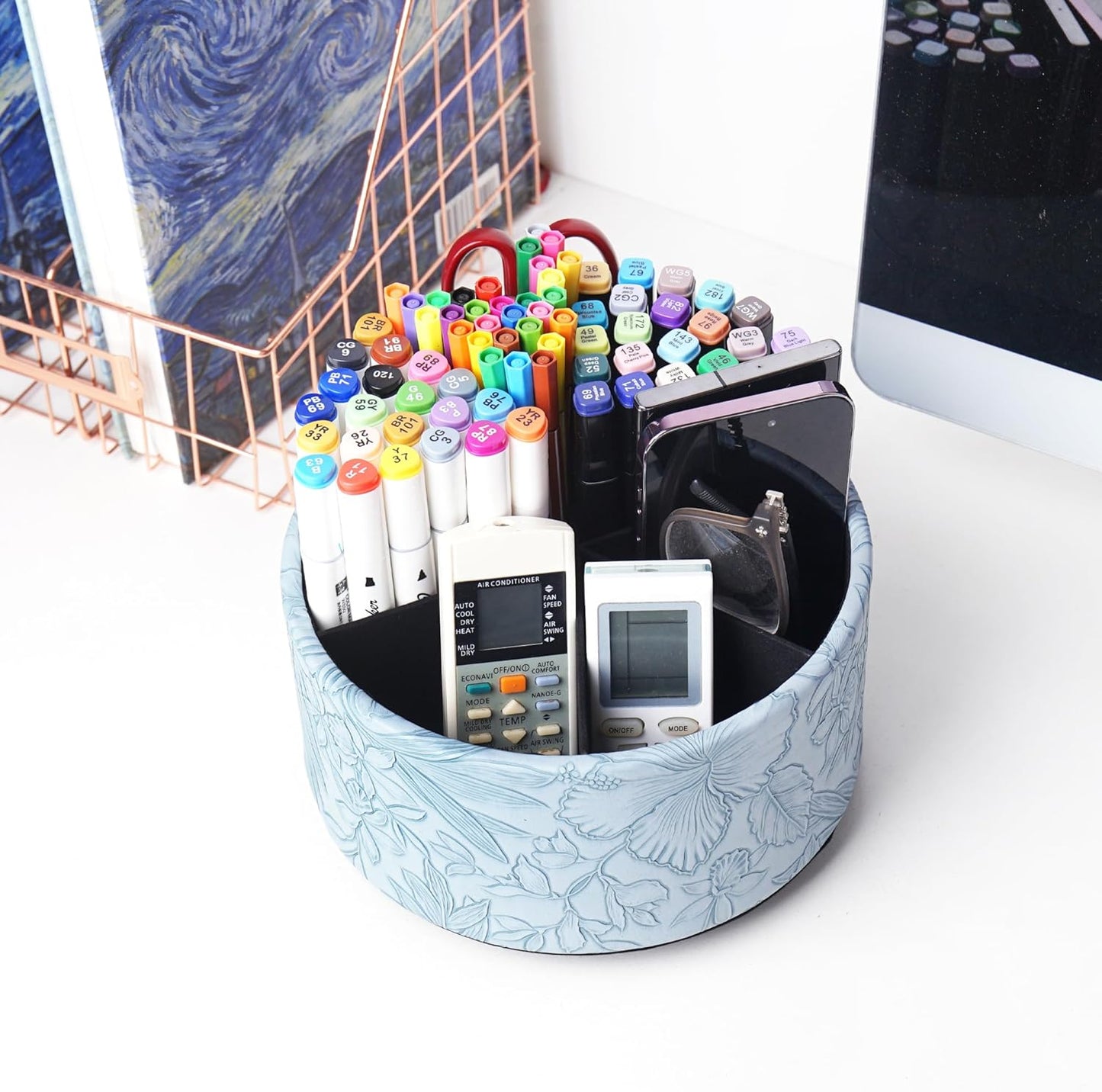 Round Leather Art Supply Organizer,Remote Control Holder,360 Degree Rotating,Multi-Functional Pencil Holder,4 Compartments Desktop Stationary Organizer(1-Fractal Flower) | Round - Colors B