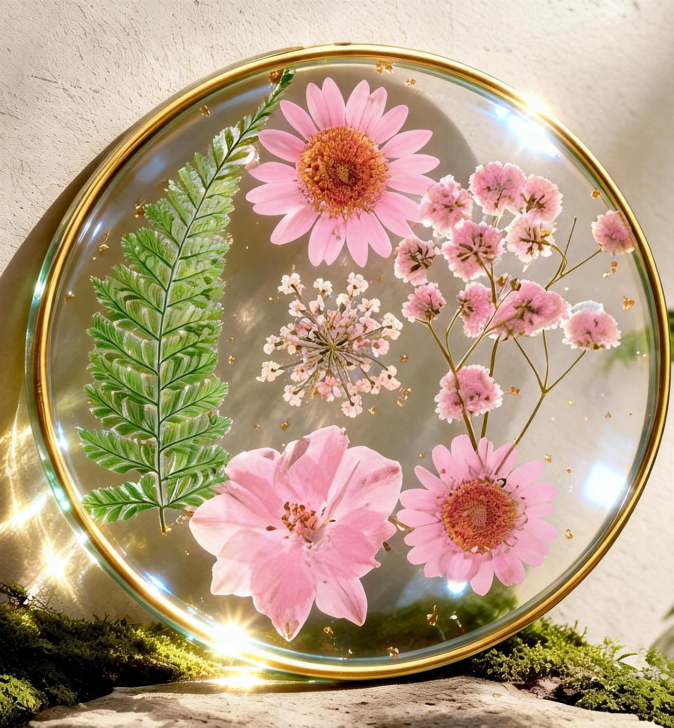 Oqplog Resin Drink Coaster for Desk Coffee Table-White Cute Dried Flowers Cup Coaster for Work Office Home Outdoor Decor Gifts for Girls Women,1 Pcs