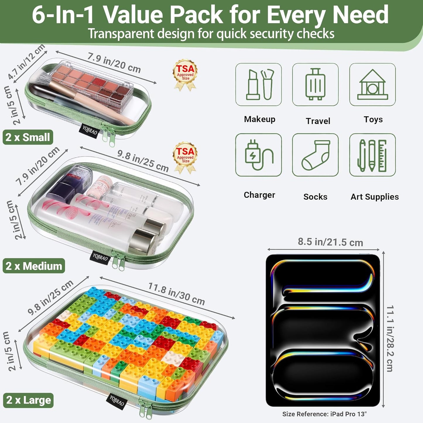 YQBRAO 6 Pack Clear Hard Shell Zipper Case, 1.2mm Heavy Duty Crush-Proof Diaper Bag Organizer Pouches, TSA Approved Travel Makeup Bag for Toiletries & Electronics, (2L, 2M, 2S) Multi-Size Storage Set