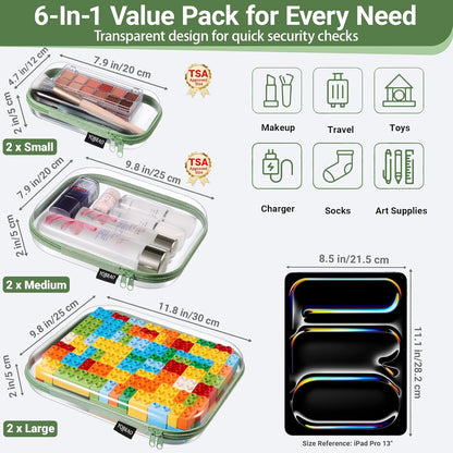 YQBRAO 6 Pack Clear Hard Shell Zipper Case, 1.2mm Heavy Duty Crush-Proof Diaper Bag Organizer Pouches, TSA Approved Travel Makeup Bag for Toiletries & Electronics, (2L, 2M, 2S) Multi-Size Storage Set