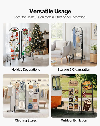 VEVOR 2 Packs Grid Wall Panels, 1.9 x 5.4 ft Wire Grid Panels Display Rack, Movable Art Display Shelf with Wheels and 20 Hooks, Black Carbon Steel Gridwall for Craft Show, Decor, Storage, Notice Board