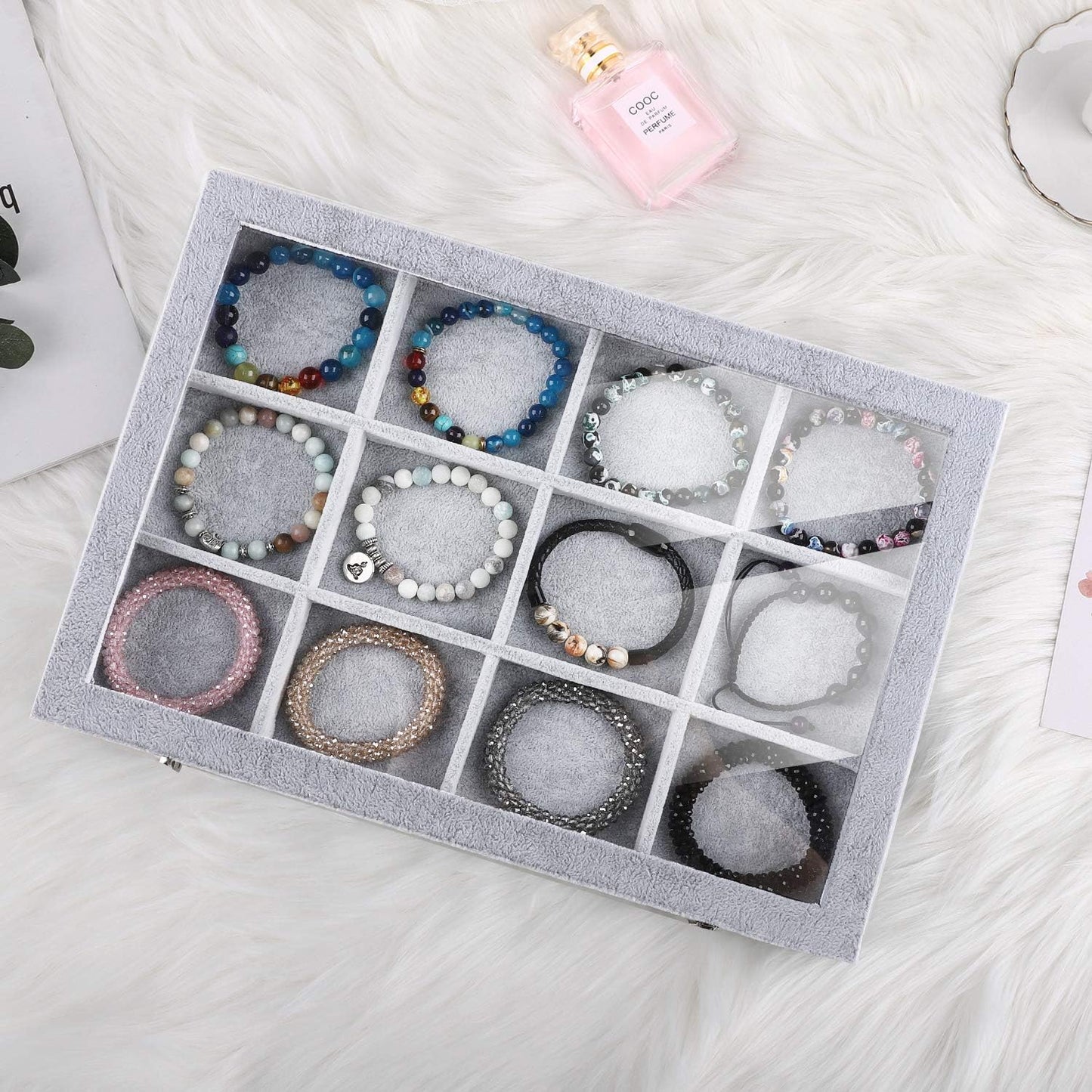 Emibele Glasses Organizer Jewelry Tray, 8 Grids with Clear Lid Velvet Tray Watch Storage Stackable Jewelry Showcase Display Storage with Detachable Inner Dividers, Beige