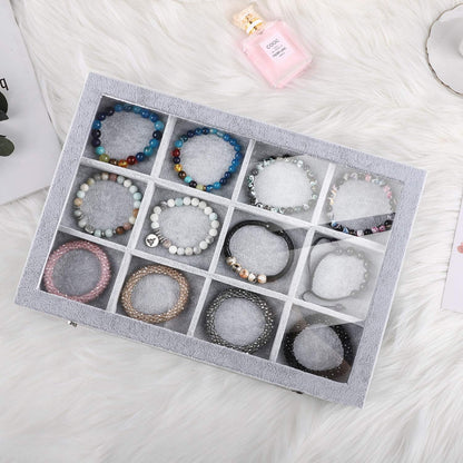 Emibele Glasses Organizer Jewelry Tray, 8 Grids with Clear Lid Velvet Tray Watch Storage Stackable Jewelry Showcase Display Storage with Detachable Inner Dividers, Beige