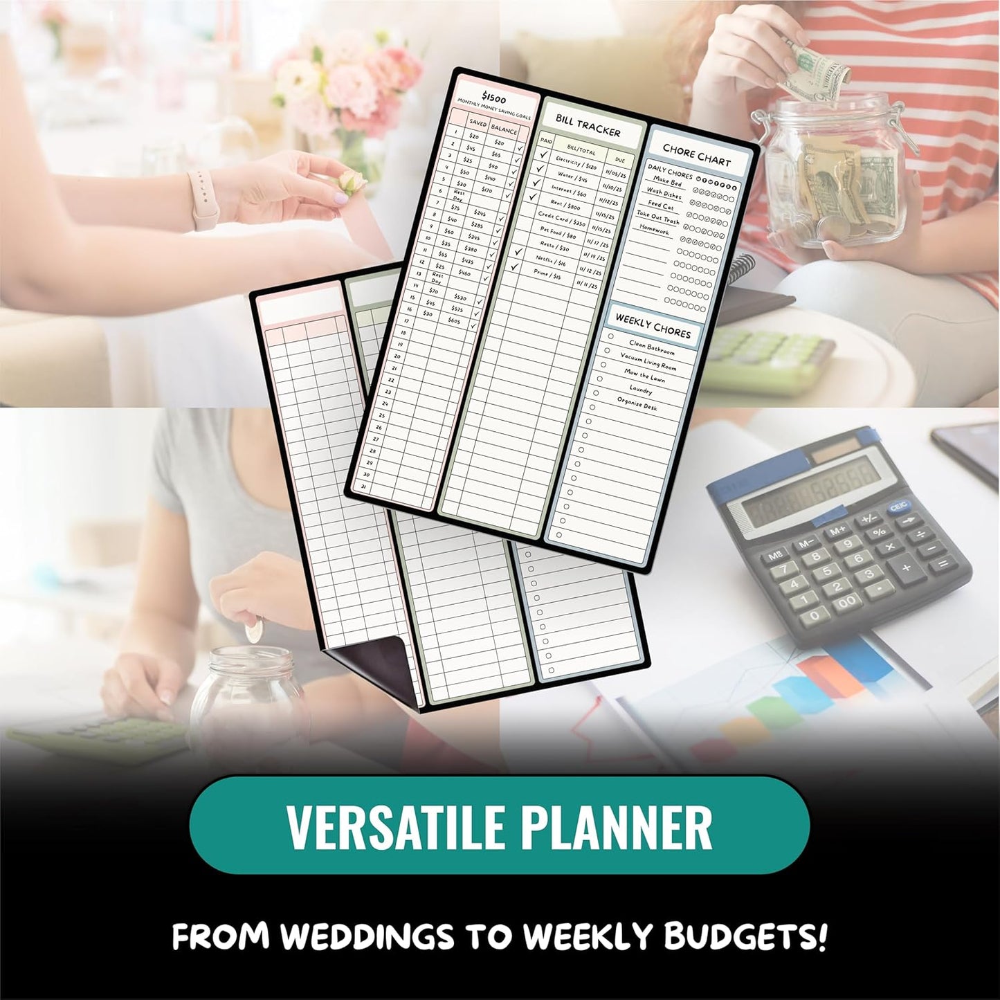Magnetic Dry Erase Budget Planner and Bill Organizer | 10" x 14" Whiteboard Calendar for Wall or Fridge | Monthly Bill Tracker, Chore Chart, and Family Organizer | Dry Erasable Markers Included
