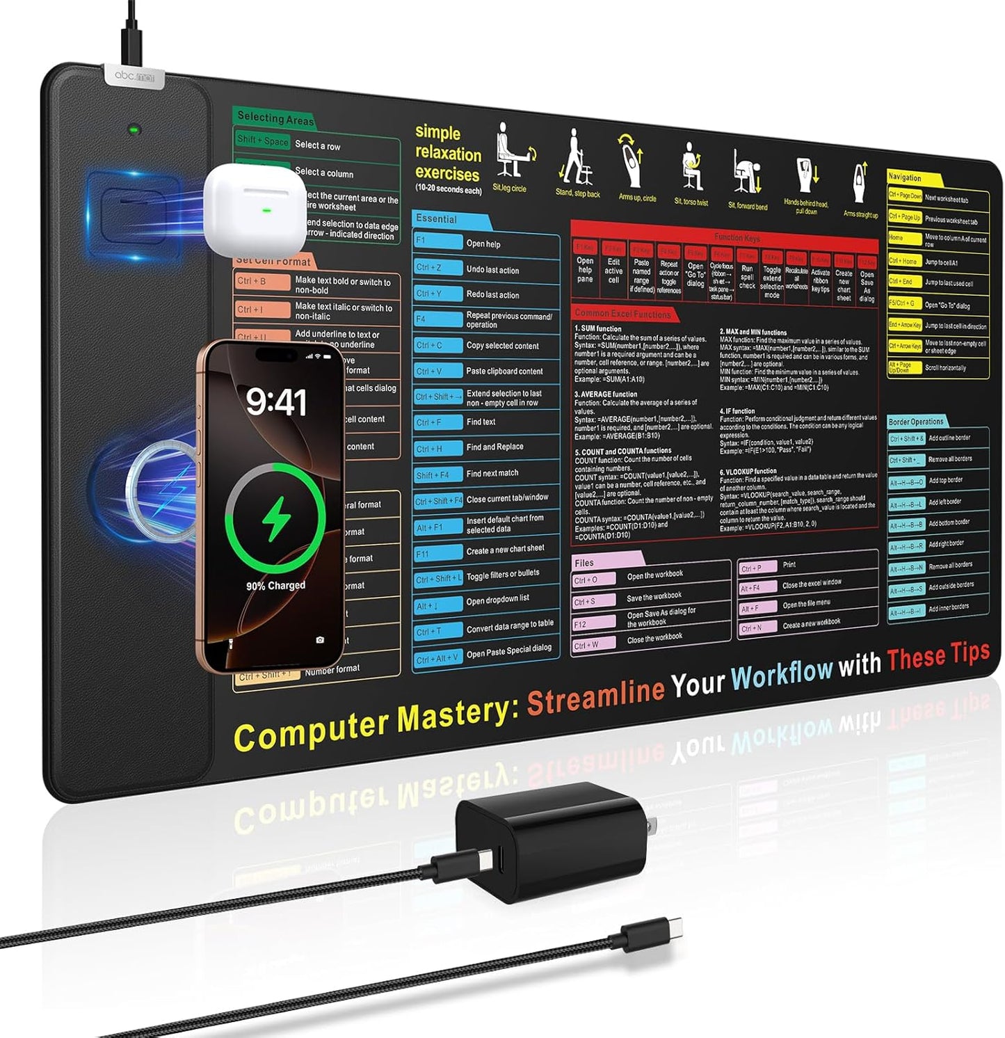 Wireless Charging Mouse Pad with Foldable Phone Holder, 31.5"x15.8" Large Desk Mat for Laptop/Keyboard, Waterproof Ultra-Smooth Surface, Non-Slip Base, Black