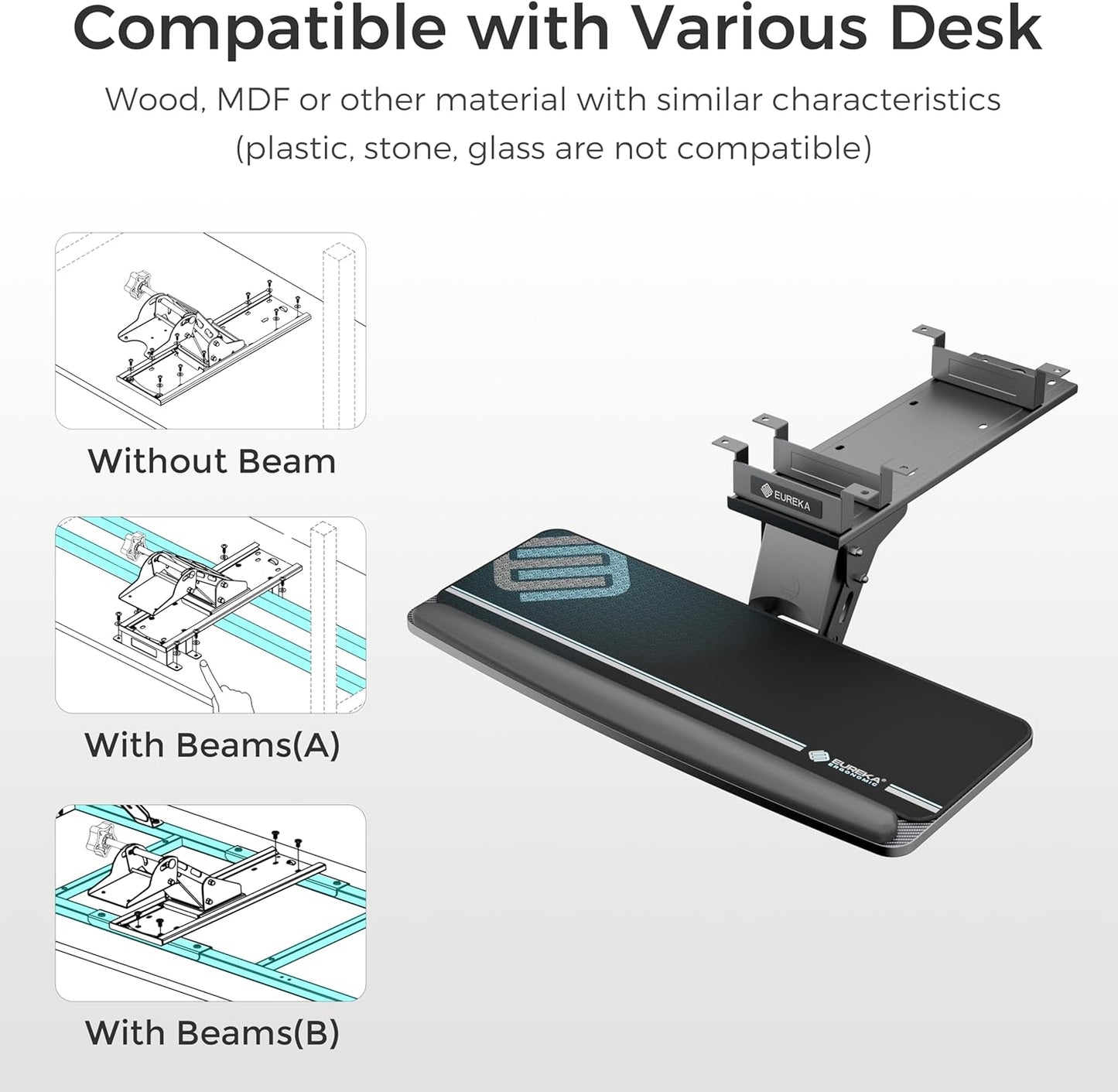 EUREKA ERGONOMIC Height Adjustable Mouse & Keyboard Tray Under Desk, 28x10'' Large Slide Out Swivel Tilt Computer Keyboard Drawer with Pad for Gaming Home Office, Dual Mount