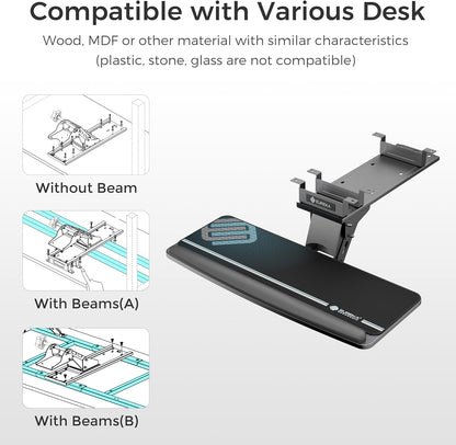 EUREKA ERGONOMIC Height Adjustable Mouse & Keyboard Tray Under Desk, 28x10'' Large Slide Out Swivel Tilt Computer Keyboard Drawer with Pad for Gaming Home Office, Dual Mount