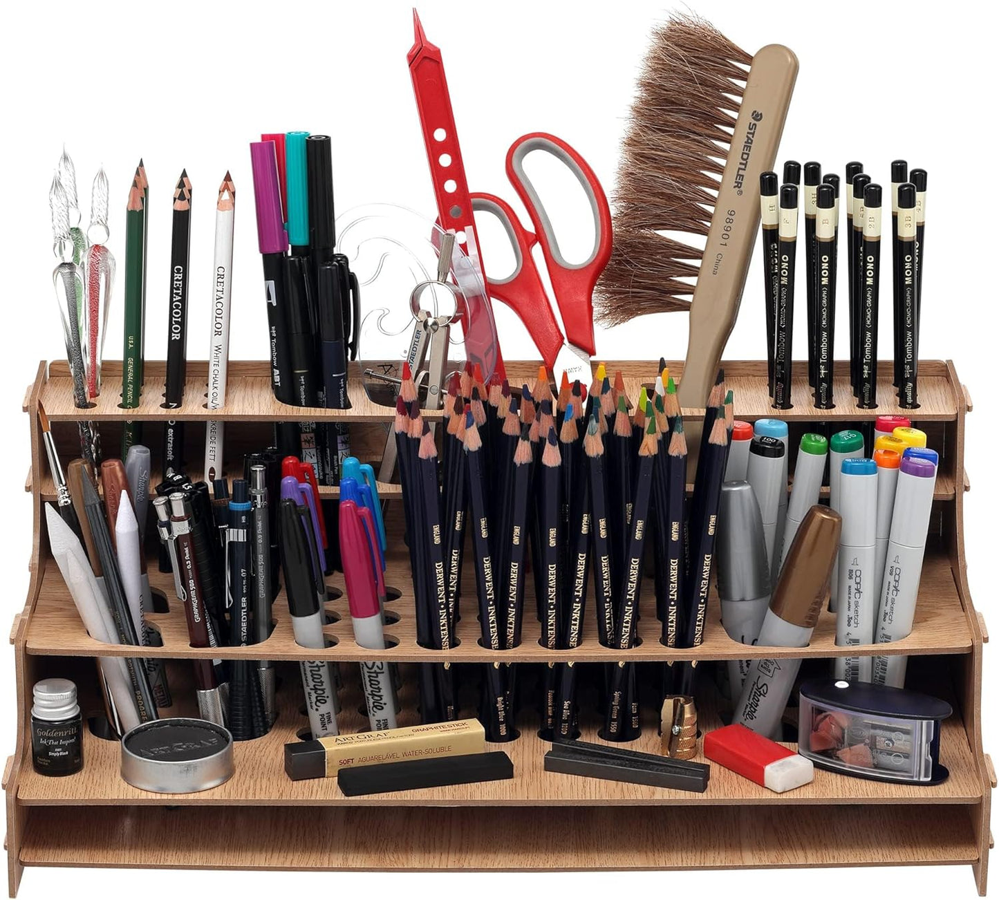 HG Art Concepts Mezzo Artist Drawing Rack - Wood Grain Laminate Multi Layer Desk Stand Professional Storage Display Organizer for Pens, Pencils, Drafting and all other Drawing Tools