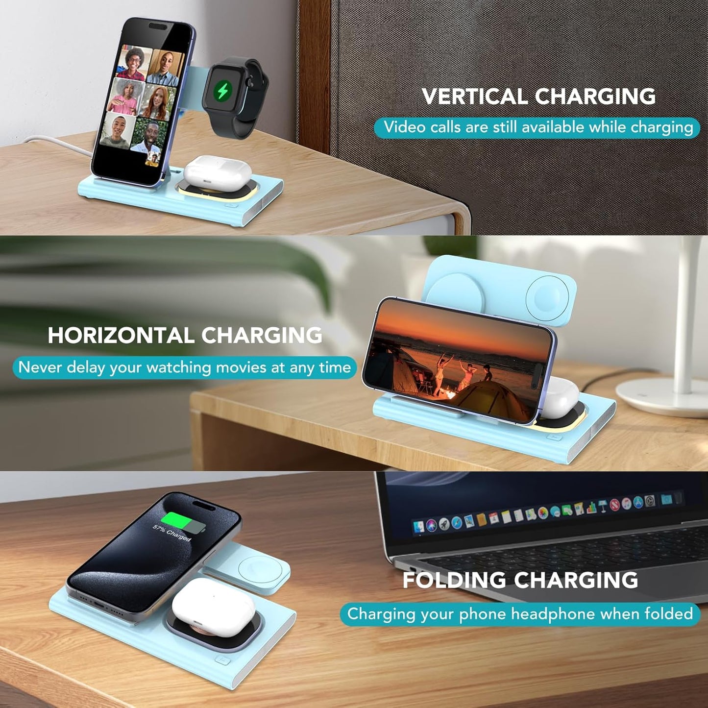 3 in 1 Foldable Charging Station for Apple Products,Wireless Charger for iPhone 17 16 15 14 13 12 Pro Max,Travel Dock Adapter&Light for iWatch Series 11 10 9 Ultra 3/2 SE 3/2,for AirPods 4 3 2 Pro 3/2