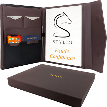 STYLIO Padfolio Portfolio Organizer Binder | Interview Resume Folder, Legal Document, Business Card Holder |w/Letter-Sized Notepad | Handsome Piano Noir Faux Leather Folio Matte Finish, Accent Stitch
