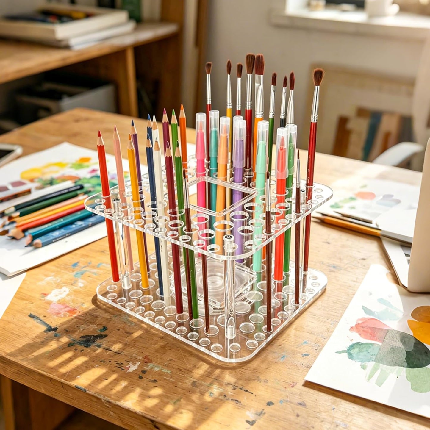 Rotating Paint Brush Holder 92 Holes and Large Compartment 360° Spinning Acrylic Paintbrush Holder Organizer Artist Brush Holder Watercolor Brush Stand Rack