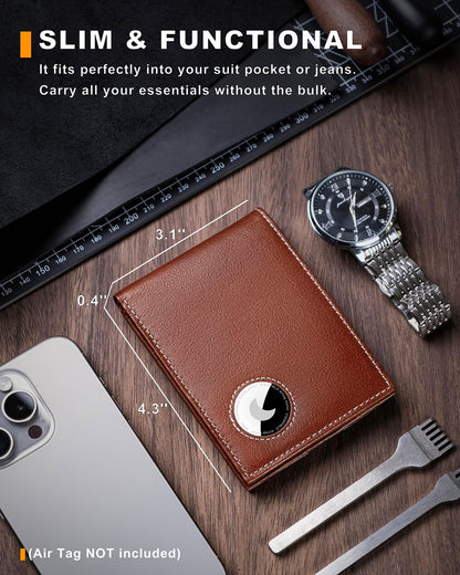 Men's Wallet with Airtag Holder, Bifold Full-Grain Leather Wallet for Apple Air Tag (1st & 2nd Generation), Slim Wallet for Men with RFID Blocking, 11 Card Slots