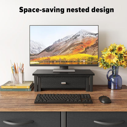 WOHOMO Dual Monitor Stand Riser with Drawers, Desk Organizers for 2 Monitors, Desktop Storage Stand for Computer,Laptop,Walnut
