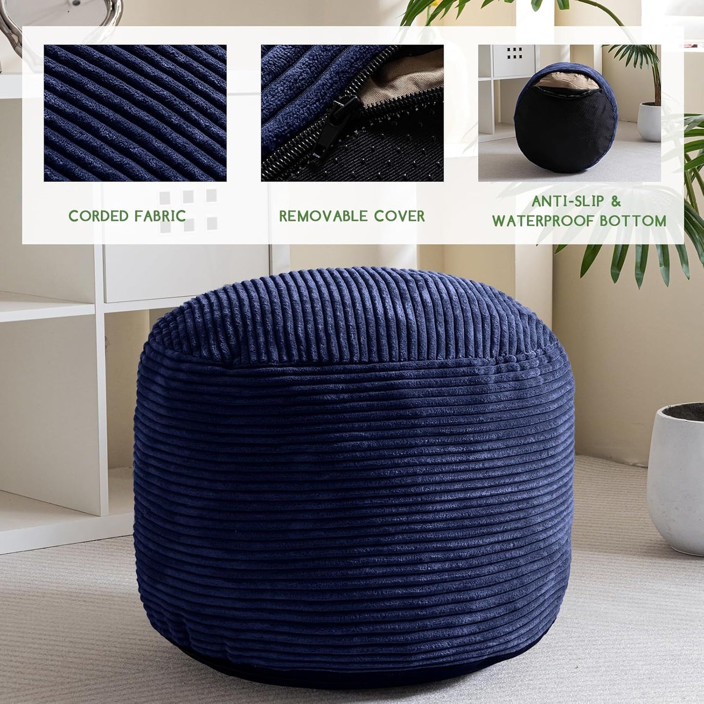 HIGOGOGO Round Stuffed Pouf Ottoman, Corduroy Poufs with Foam Chunk Filling, Furry and Fluffy Pouf Foot Stool Storage Ottoman, 20 X 15 Floor Poufs Foot Rest for Living Room, Dark Grey