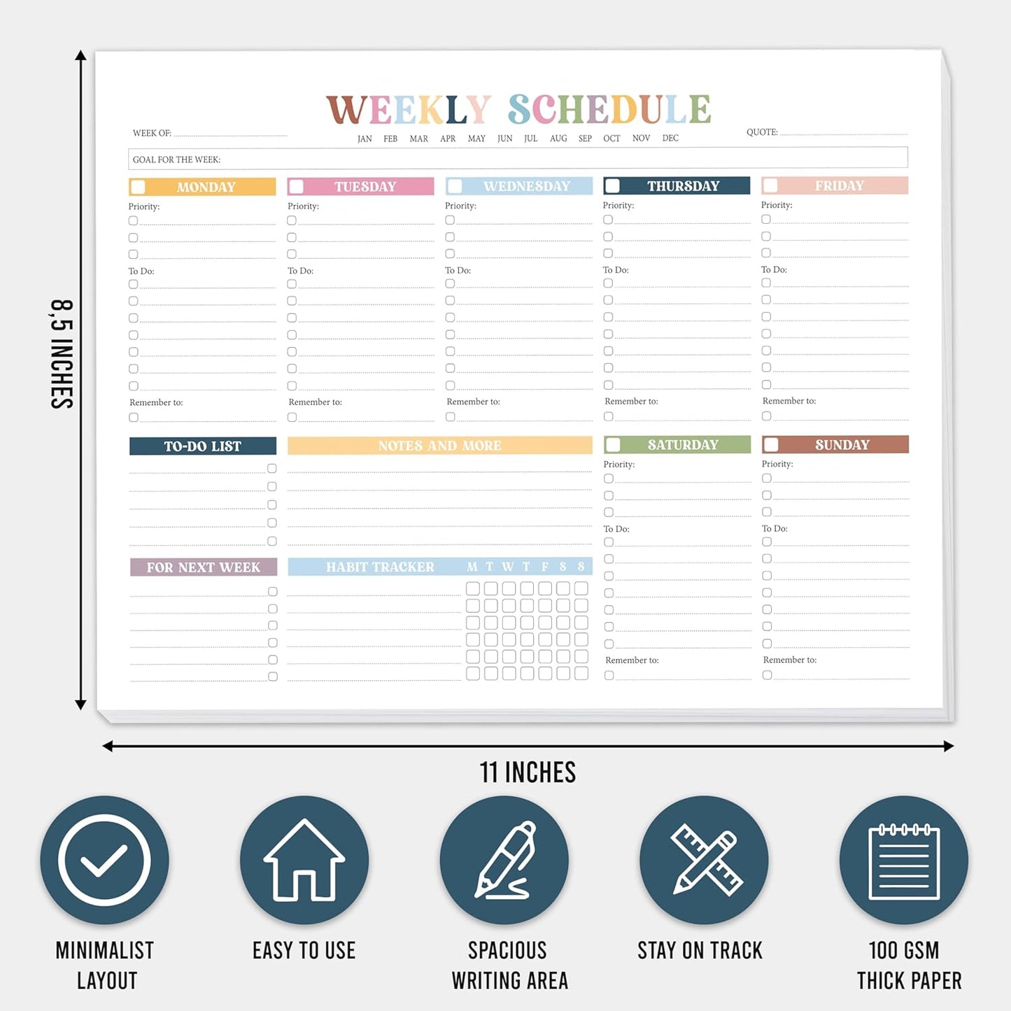 Weekly To Do List Notepad Undated (52 Sheets, 8.5 x 11") – Large Weekly Planner Desk Pad for Work, School & Home, Simple Productivity Organizer - Rainbow Boho