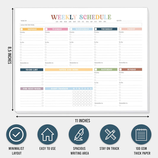 Weekly To Do List Notepad Undated (52 Sheets, 8.5 x 11") – Large Weekly Planner Desk Pad for Work, School & Home, Simple Productivity Organizer - Rainbow Boho