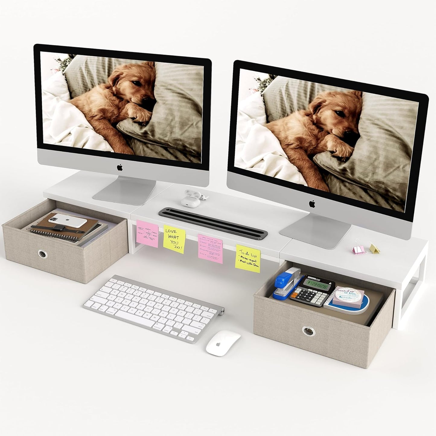 39 Inch Dual Monitor Stand Riser with 2 Drawers - Large White Wooden Computer Stand for 2 Monitors, Ergonomic Desk Organizer with Phone Holder, Desktop Storage for Laptop, Office Supplies, Home Office