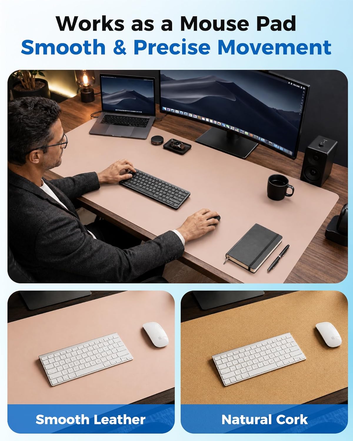 Aothia Dual-Sided Desk Pad - 25.6x13.7 inches Leather Desk Mat, Natural Cork Desk Pad Protector, Large Mouse Pad for Desk, Waterproof Desk Blotter Pad, Desk Writing Pad for Office Work/Home, Black