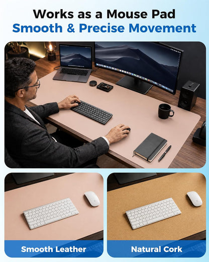 Aothia Dual-Sided Desk Pad - 25.6x13.7 inches Leather Desk Mat, Natural Cork Desk Pad Protector, Large Mouse Pad for Desk, Waterproof Desk Blotter Pad, Desk Writing Pad for Office Work/Home, Black