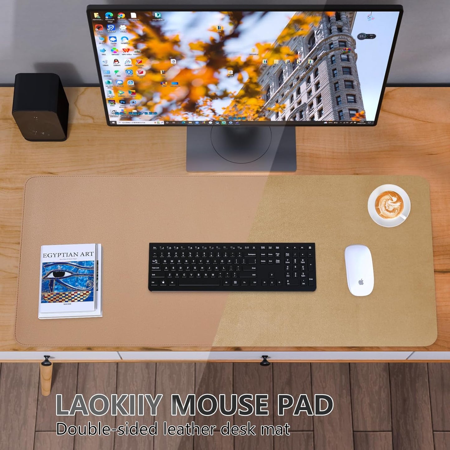 Dual-Sided Desk Pad, Large Mouse Pad - Natural Cork & PU Leather Non-Slip Waterproof Desk Mats for Office and Home (Blue, 31.5" x 15.7")
