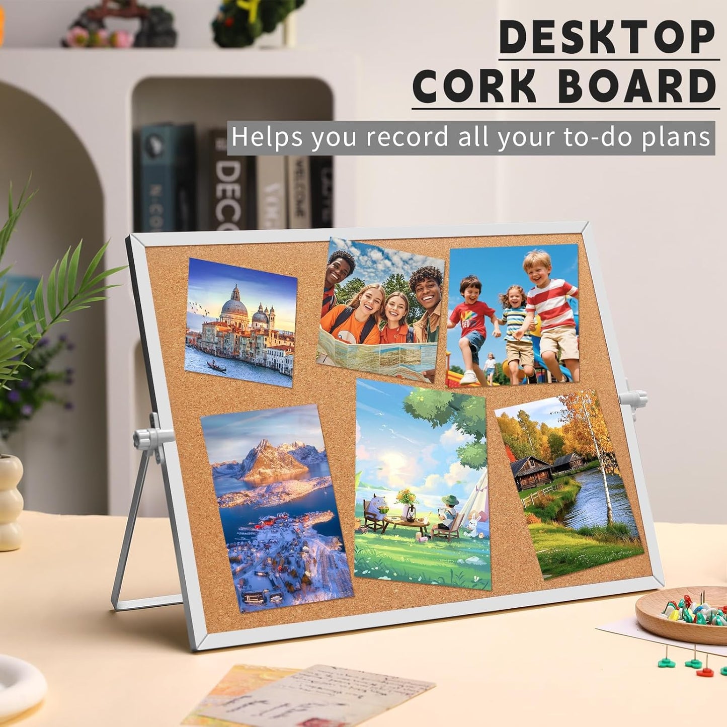 9.8"×9.8" Cork Board Bulletin Board, Double Sided Pin Board with Silver Aluminum Border, Desktop Small Cork Board with Stand Suitable for Home, Office, Desk Message Board or Picture Board