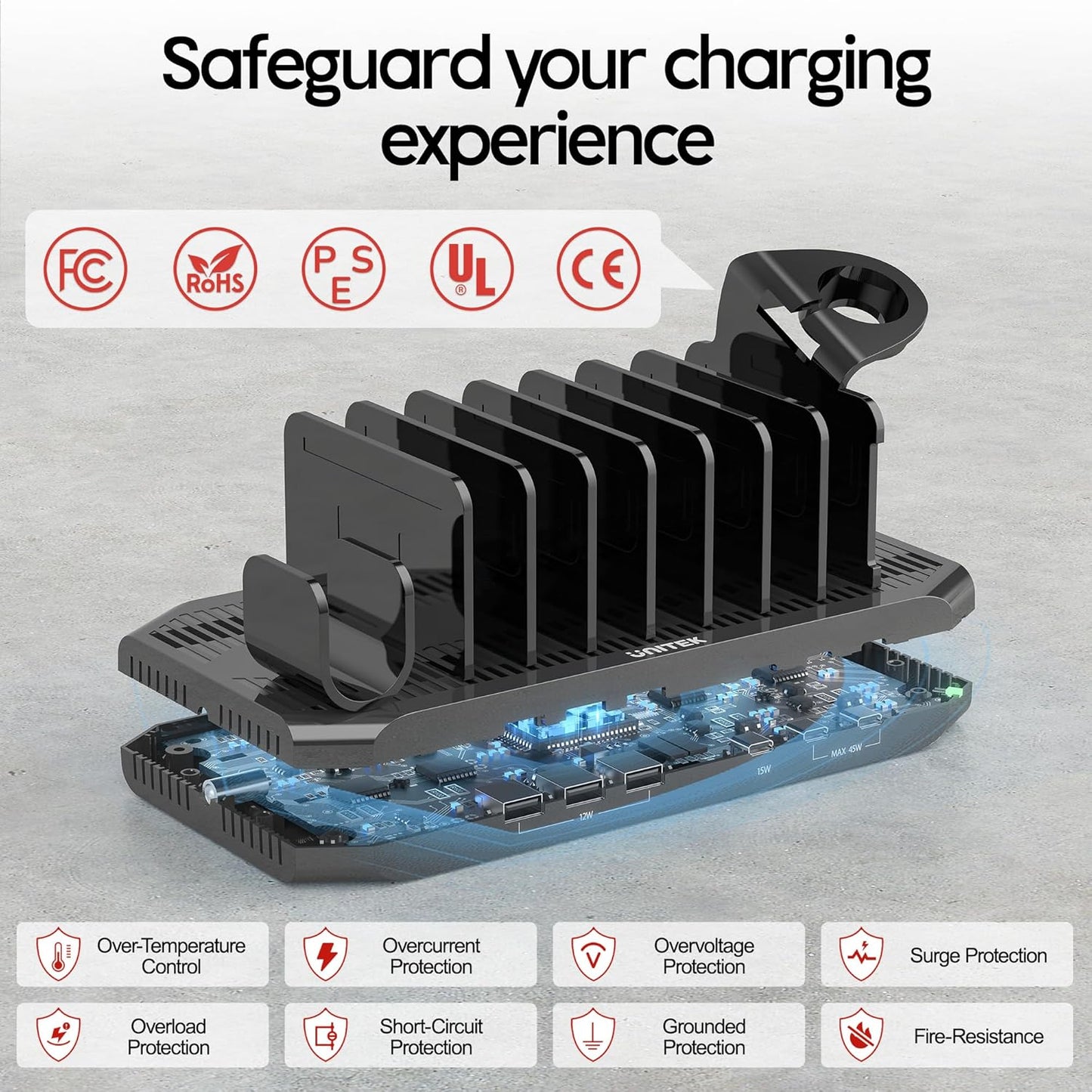 Unitek Multi Charging Station, 10-Port USB Charger for Multiple Device with SmartIC Tech and Adjustable Dividers, Organizer Stand Compatible with iPad, Tablet, Kindle, iPhone