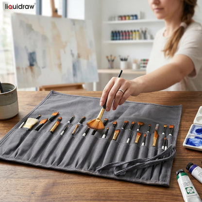 Liquidraw 30 Pocket Canvas Paint Brush Holder - Natural | 21" x 18" | Roll Up Brush Storage Pouch | Ideal Case for Paintbrush & Art Tool Storage | Easy to Carry | Also Great for Storing Makeup Brushes