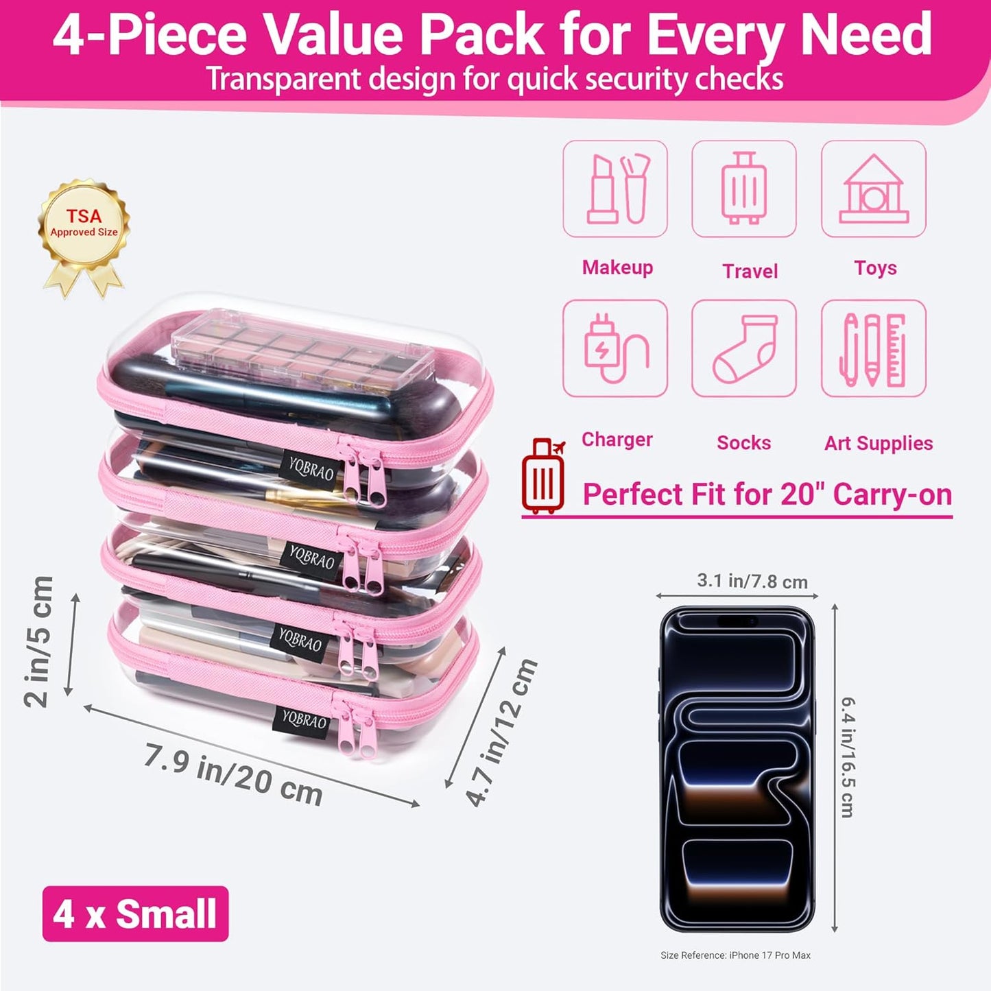 YQBRAO 6 Pack Clear Hard Shell Zipper Case, 1.2mm Heavy Duty Crush-Proof Diaper Bag Organizer Pouches, TSA Approved Travel Makeup Bag for Toiletries & Electronics, (2L, 2M, 2S) Multi-Size Storage Set